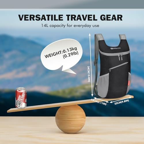 ZOMAKE 14L Lightweight Packable Daypack - Black & Grey