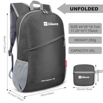 ZOMAKE 20L Lightweight Packable Backpack (Medium Grey)