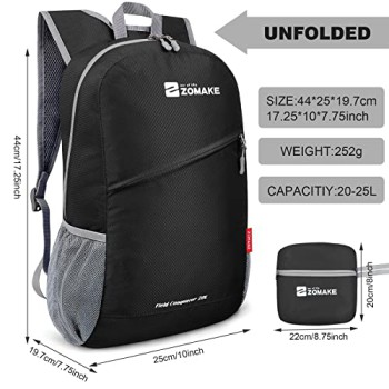 ZOMAKE 20L Packable Daypack - Black & Grey