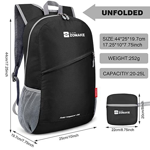 ZOMAKE Lightweight Packable Backpack 20L - Black&Light Purple