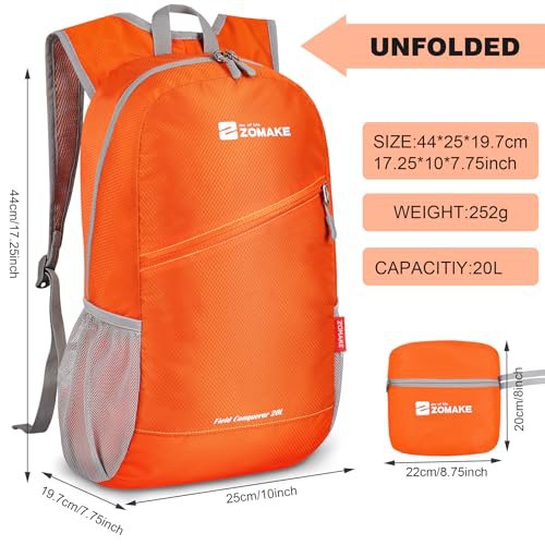 ZOMAKE Lightweight Packable Backpack 20L - Orange